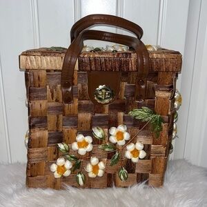 VINTAGE MCM woven flower basket handbag cottagecore boho cottage core hippie